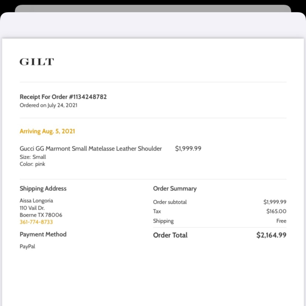 Reciept for GG bag
